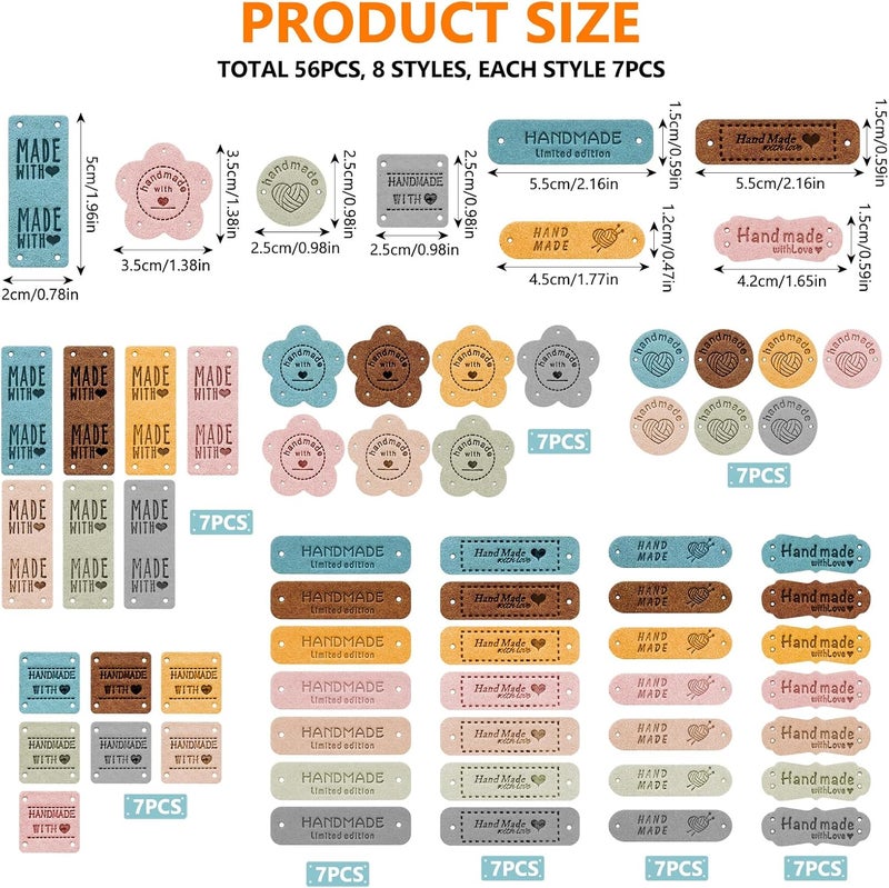 Draupnir Handmade Leather Labels, 56 pcs Handmade Leather Labels for Crochet, Artificial Colorful Leather Labels with Love Hearts for Handmade Items Embossed Sew on Tag Crochet Knit DIY Jeans Bags Shoes Hat - Image 2